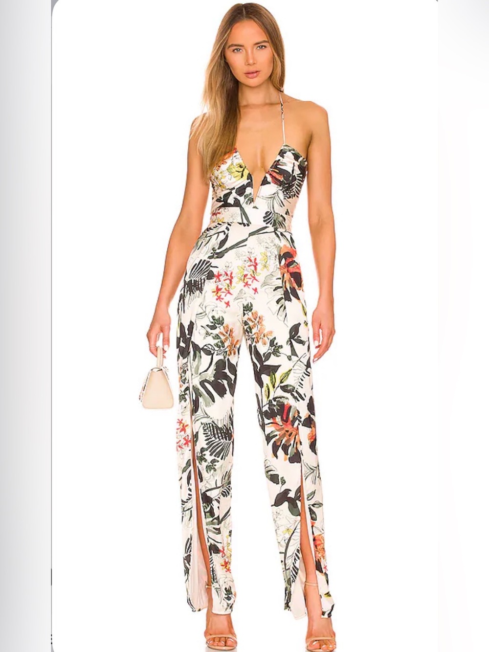 Floral Satin Plunge Halter Dress - White/Green
